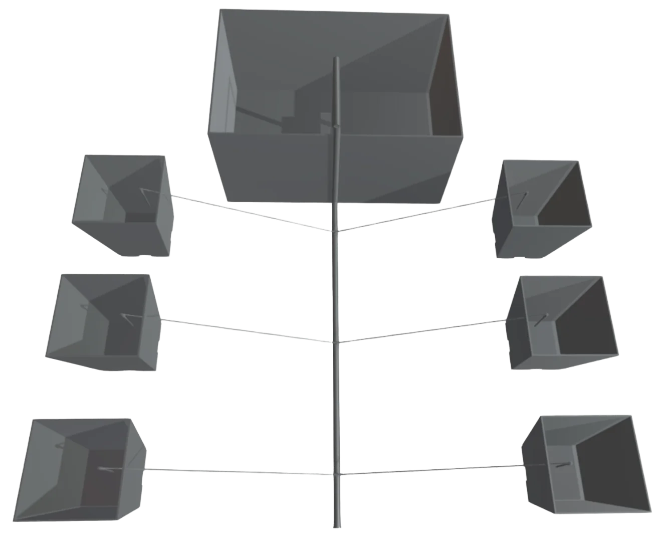 A drip system: a reservoir with a central feed line branching to six pots