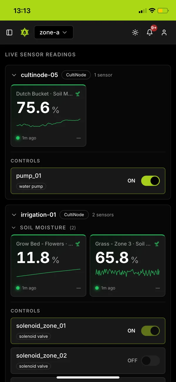 Live readings and pump and valve controls on a phone