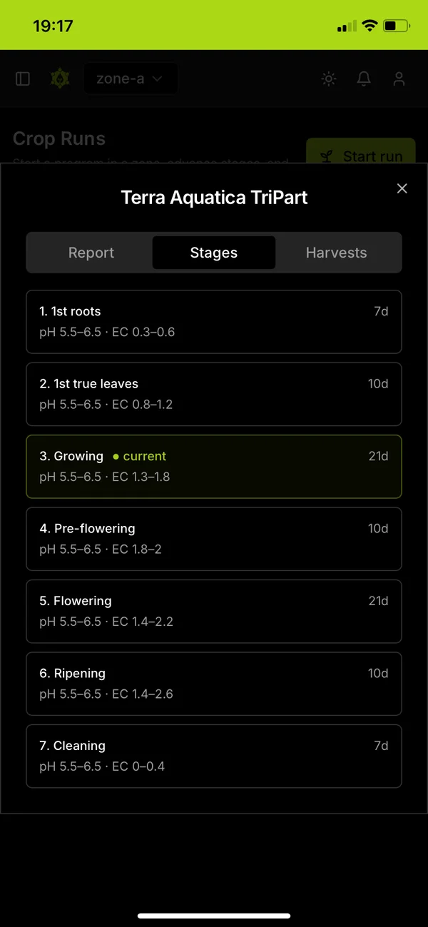 Crop stages with pH and EC targets on a phone