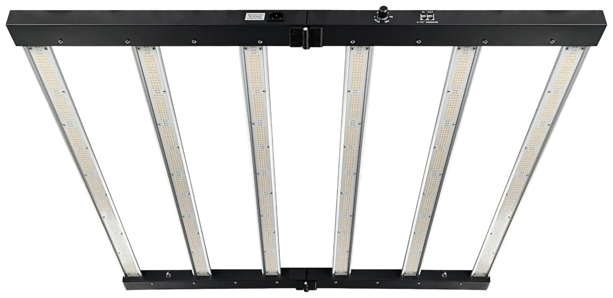 Six-bar foldable LED grow light with a black frame, an on-fixture dimming dial and 0–10 V dimming ports