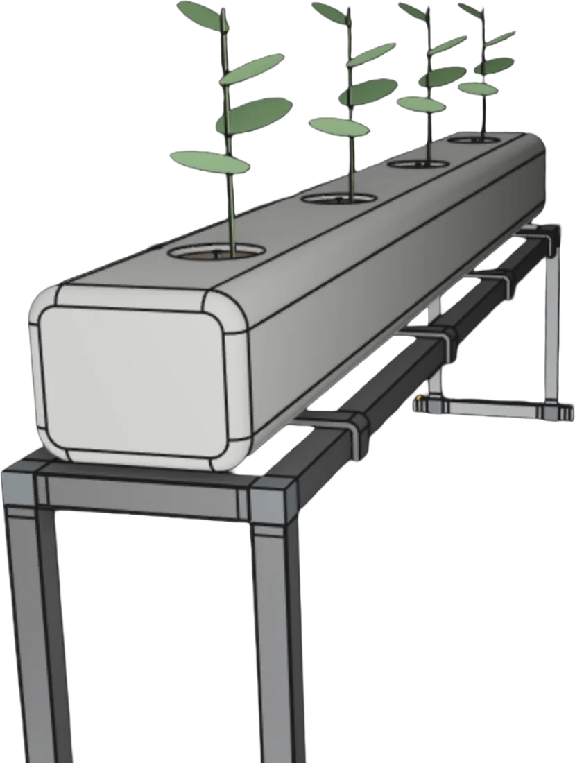 Galvanised grow stand carrying a coco grow bag with four young plants, each fed by a dripper