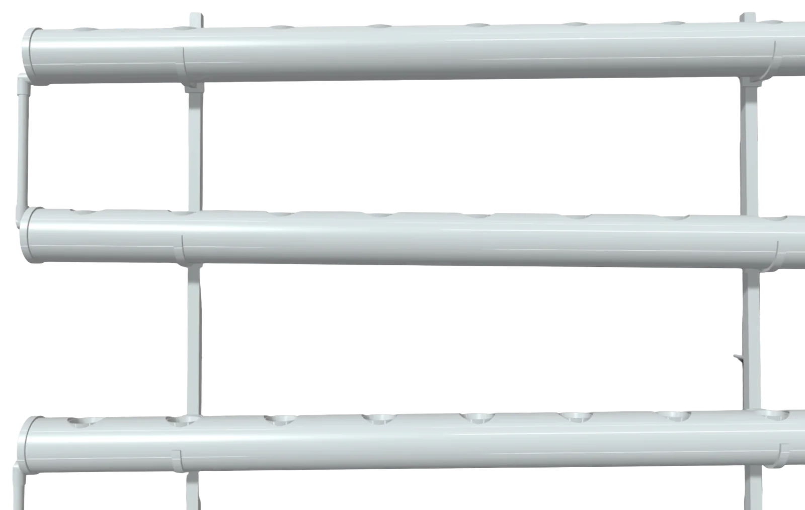 Close-up of the NFT channels on their uprights, with plant sites cut along the top