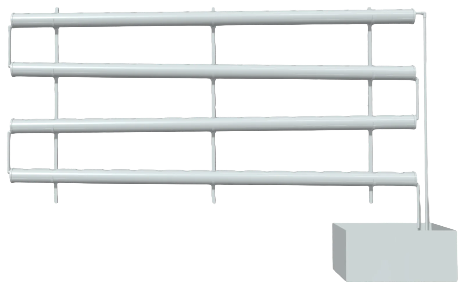 The Wall-Mounted NFT System from the front: four channels on three uprights, with the return pipe running down to the reservoir